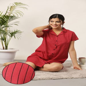 Clovia - Clovia Button Me Up Sassy Stripes Short Night Dress in Red & 100% Cotton