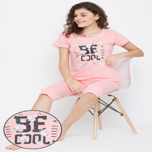 Clovia - Clovia Quirky Text Top & Capri Set in Baby Pink 100% Cotton