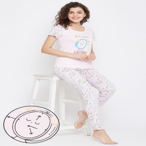 Clovia - Clovia Quirky Top & Pyjama Set in Baby Pink & 100% Cotton